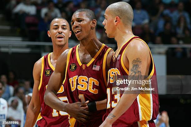 Nick Young of the University of Southern California Trojans reacts after being fouled by the University of North Carolina Tar Heels during the NCAA...