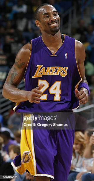 Kobe Bryant of the Los Angeles Lakers smiles during a game against the New Orleans/Oklahoma City Hornets on March 23, 2007 at the New Orleans Arena...