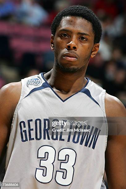 Patrick Ewing Jr. #33 of the Georgetown Hoyas looks on against the Vanderbilt Commodores during the NCAA Men's East Regional Semifinal at Continental...