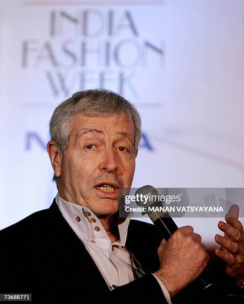 President of the Paris Fashion Week Didier Grumbach addresses a business interactive session during the Wills India Fashion Week in New Delhi, 24...