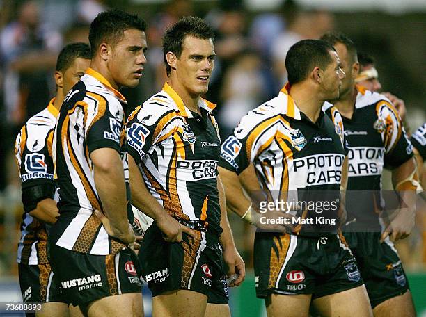 John Morris of the Tigers looks dejected after a Sea Eagles try during the round two NRL match between the Wests Tigers and the Manly Warringah Sea...