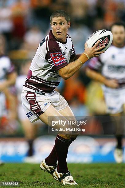 Travis Burns of the Sea Eagles looks to pass during the round two NRL match between the Wests Tigers and the Manly Warringah Sea Eagles at Leichhardt...