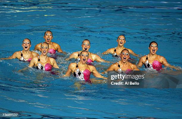 The team from the United States of America performs in the Free Routine fianl at the synchronized swimming event during the XII FINA World...