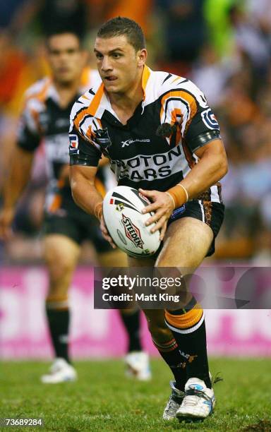 Robbie Farah of the Tigers in action during the round two NRL match between the Wests Tigers and the Manly Warringah Sea Eagles at Leichhardt Oval on...