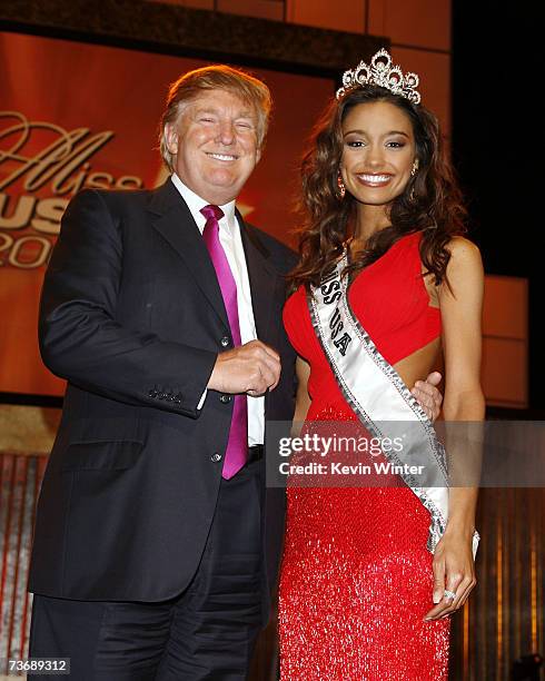 Pageant owner Donald Trump and Miss USA 2007 Rachel Smith pose at a press conference after The 56th Annual Miss USA Pageant at the Kodak Theater on...