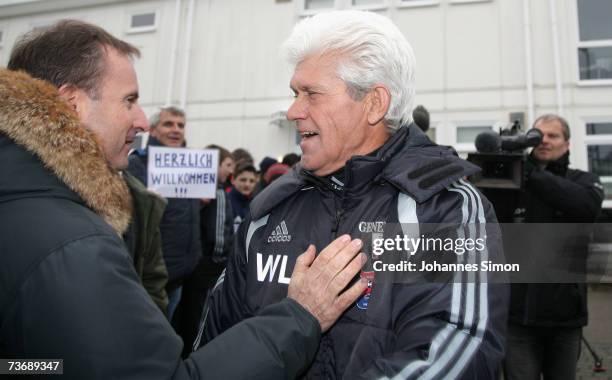 Werner Lorant , new head coach of second division Bundesliga soccer club SpVgg Unterhaching is welcomed by supporters prior to the first training...