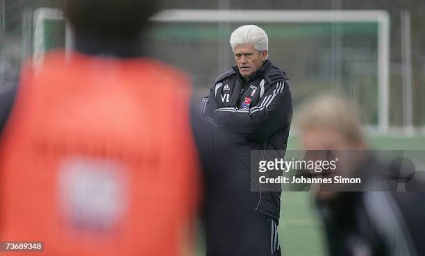 Werner Lorant , new head coach of second division Bundesliga soccer club SpVgg Unterhaching attends the first training session at Unterhaching...