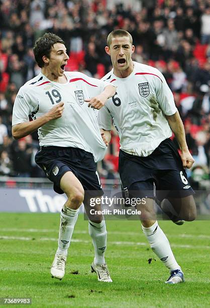 Matt Derbyshire of England celebrates with Gary Cahill as he scores their third during the U21 International Friendly match between England and Italy...