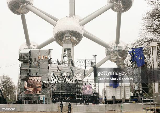 Preparations being made for the 50th anniversary of the Treaty Of Rome celebrations at the Atomium monument on March 24, 2007 in Brussels, Belgium.