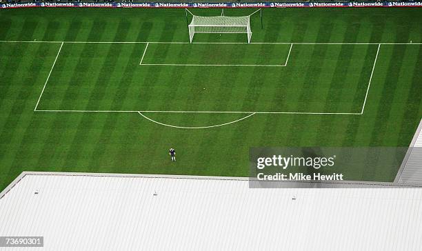 England U21 goalkeeper Lee Camp waits outside his penalty area as his colleagues attack in this aerial view of the new Wembley Stadium during the...
