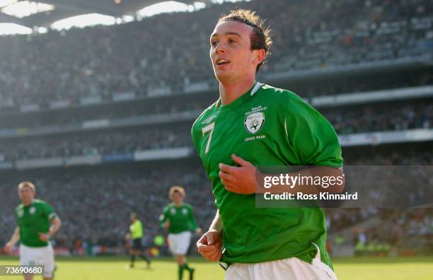 Stephen Ireland of Ireland celebrates after scoring the opening goal during the Euro2008 Group D Qualifier between the Republic of Ireland and Wales...