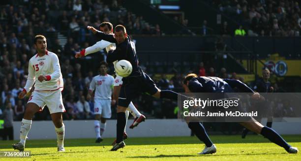 Kris Boyd scores a goal for Scotland during the Euro2008, Group B, qualifier between Scotland and Georgia on March 24, 2007 at Hampden Park, Glasgow,...