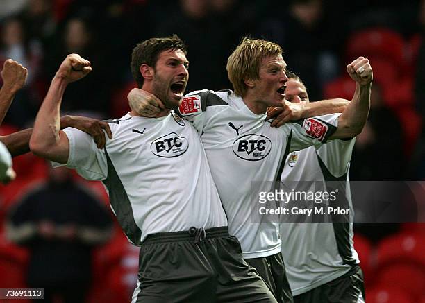 Goalscorer Jamie McCombe of Bristol City celebrates with his team mates after scoring the only goal of the game during the Coca Cola Championship...
