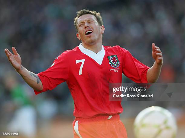 Craig Bellamy of Wales rues a missed chance during the Euro2008 Group D Qualifier between the Republic of Ireland and Wales at the Croke Park Stadium...