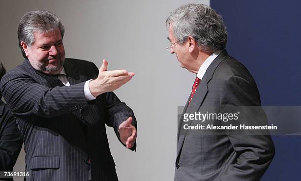 The Chairman of the Social Democratic Party Kurt Beck points toward Michael Naumann at the SPD Party Congress on March 24, 2007 in Hamburg, Germany....