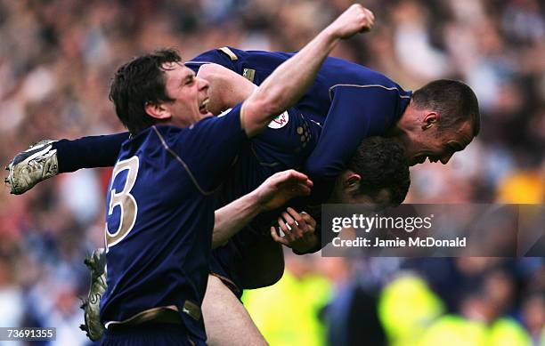 Craig Beattie celebrates the winning goal for Scotland with Kenny Millar during the Euro2008, Group B, qualifier between Scotland and Georgia on...