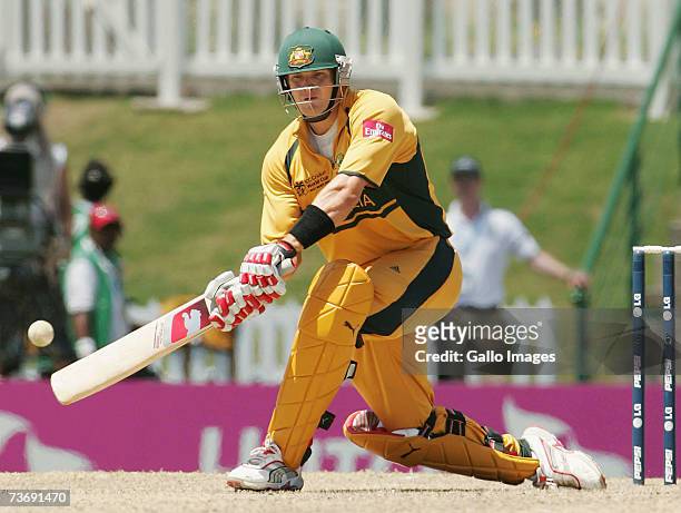 Shane Watson of Australia sweeps for 4 runs during the ICC Cricket World Cup 2007 Group A match between Australia and South Africa at Warner Park on...
