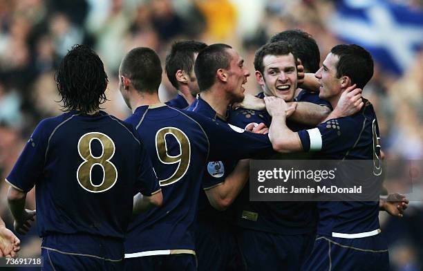 Craig Beattie celebrates his winning goal for Scotland during the Euro2008, Group B, qualifier between Scotland and Georgia on March 24, 2007 at...