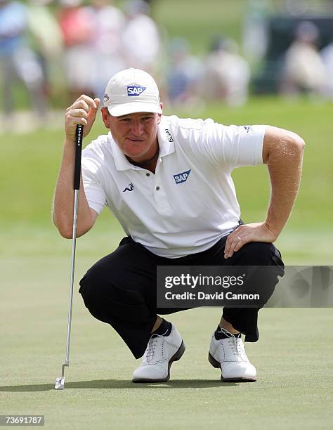 Ernie Els of South Africa lines up an eagle putt at the par 5, 1st hole during the third round of the 2007 World Golf Championships CA Championship...