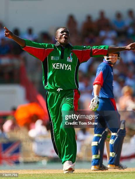 Peter Ongondo of Kenya celebrates the wicket of Michael Vaughan of England during the ICC Cricket World Cup Group C match between England and Kenya...