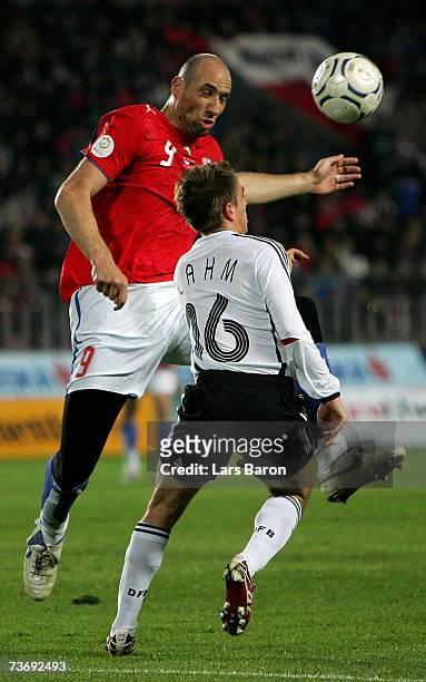 Jan Koller of Czech Republic in action with Philipp Lahm of Germany during the Euro2008 Qualifier match between Czech Republic and Germany at Toyota...