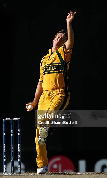 Glenn McGrath of Australia in bowling action during the ICC Cricket World Cup 2007 Group A match between Australia and South Africa at Warner Park on...