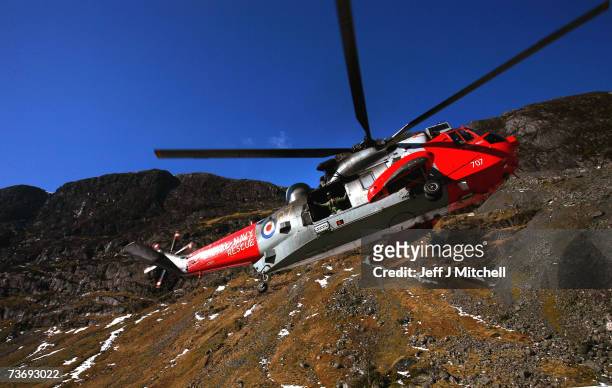 Sea King helicopter from HMS Gannet takes off from the Hidden Valley in Glen Coe while on patrol March 24, 2007 in Ayr, Scotland.The crew are based...