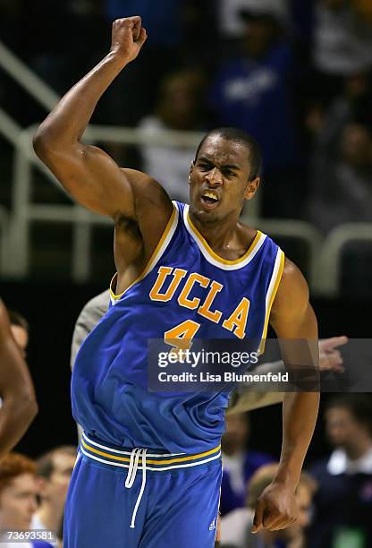 Arron Afflalo of the UCLA Bruins celebrates after the first half of the west regional final of the NCAA Men's Basketball Tournament against the...