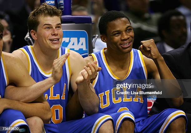 Michael Roll and Russell Westbrook of the UCLA Bruins celebrate in the final moments of the west regional final of the NCAA Men's Basketball...