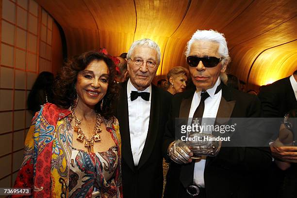 Albina de Boisrouvray, Georges Cassati and Karl Lagerfeld pose at the 2007 Monte Carlo Rose Ball at the Monte-Carlo Sporting Club on March 24, 2007...