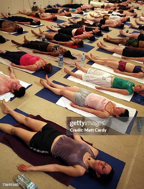 Students practice the unique Bikram Yoga at the City Studio, on March 13, 2007 in London, England. The Bikram Yoga, also known as Hot Yoga, is a...