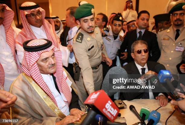 Saudi Foreign Minister Prince Saud al-Faisal and Arab League Secretary General Amr Mussa speak to the media at the press centre in Marriot Hotel in...