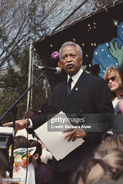 Mayor of New York, David Dinkins, giving a speech at an Earth Day Celebration in Central Park, New York City, 20th April 1990.