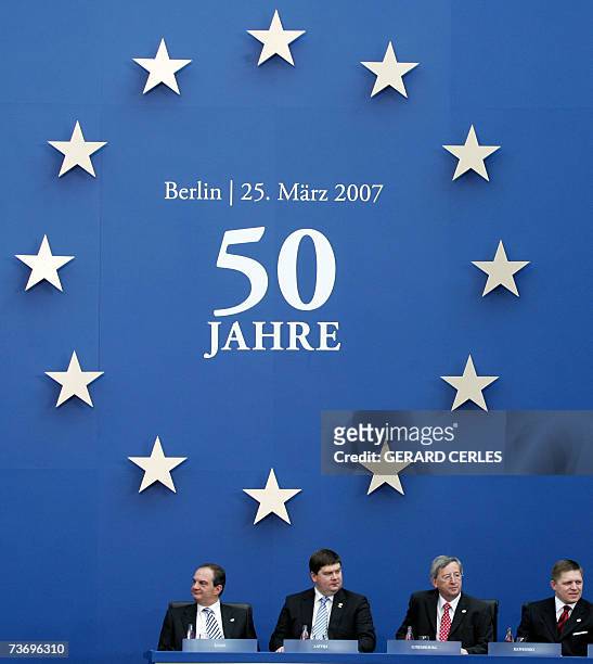 Greek Prime Minister Kostas Karamanlis, Latvian Prime Minister Aigars Kalvitis, Luxembourg's Prime Minister Jean-Claude Juncker, Slovakia's Prime...