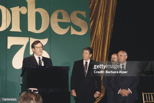 American publishing executive Steve Forbes speaking at the Forbes Magazine 75th Anniversary celebration at Radio City Music Hall in New York City,...