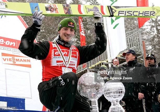 Adam Malysz of Poland takes 1st place , winner total world cup 2006/07 during the FIS Ski Jumping World Cup HS 215 event on March 25, 2007 in...