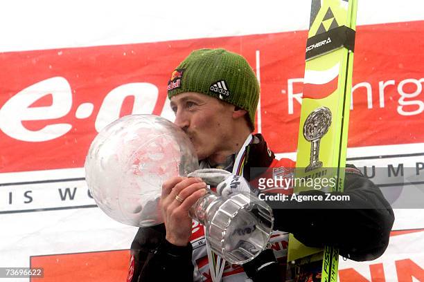 Adam Malysz of Poland takes 1st place , winner total world cup 2006/07 during the FIS Ski Jumping World Cup HS 215 event on March 25, 2007 in...