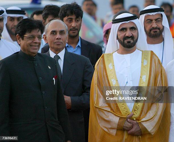 Vice-President and Prime Minister of the United Arab Emirates and Ruler of Dubai Sheikh Mohammed bin Rashid Al Maktoum is welcomed by Indian Minister...