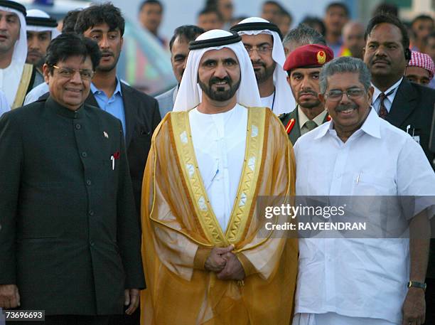 Vice-President and Prime Minister of the United Arab Emirates and Ruler of Dubai Sheikh Mohammed bin Rashid Al Maktoum is welcomed by Indian Minister...