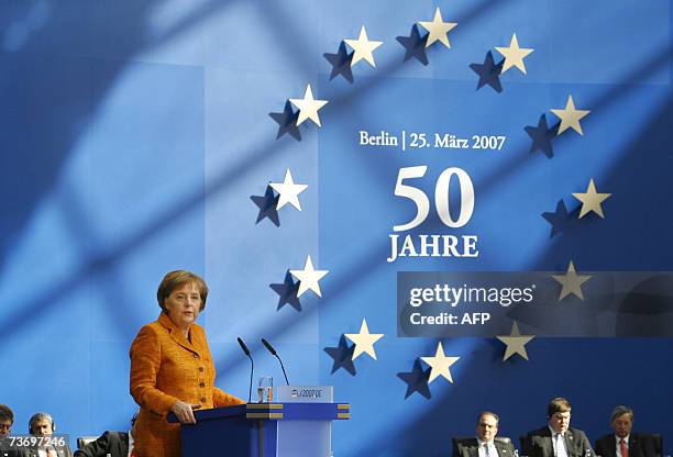 German Chancellor Angela Merkel, whose country currently holds the EU presidency, delivers a speech before signing the "Berlin Declaration", 25 March...