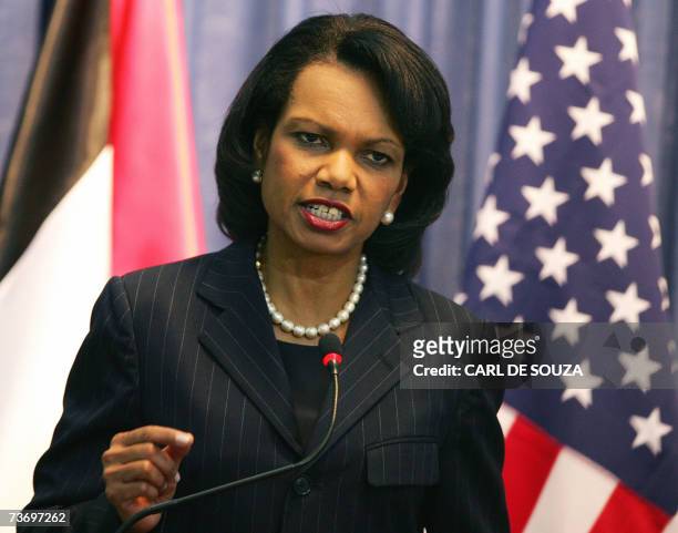 Secretary of State Condoleeza Rice answers questions during a press conference with Palestinian President Mahmud Abbas at the Palestinian Authority...