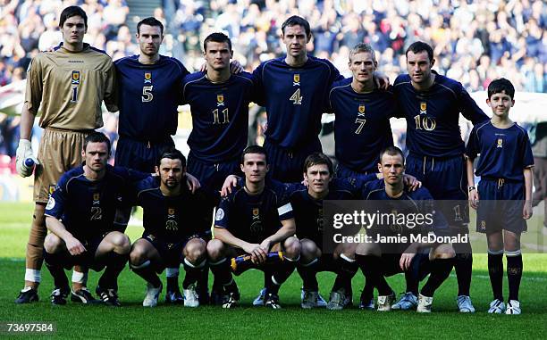 The Scotland team pose for a team photograph during the Euro2008, Group B, qualifier between Scotland and Georgia on March 24, 2007 at Hampden Park,...