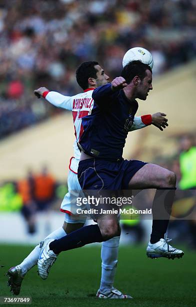 Kris Boyd of Scotland battles with George Shashiashvili of Georgia during the Euro2008, Group B, qualifier between Scotland and Georgia on March 24,...