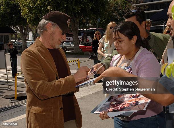 Director Steven Spielberg signs autographs at the World Premiere of "Distracted" starring Rita Wilson at the Mark Taper Forum on March 25, 2007 in...