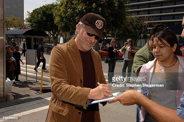 Director Steven Spielberg signs autographs at the World Premiere of "Distracted" starring Rita Wilson at the Mark Taper Forum on March 25, 2007 in...
