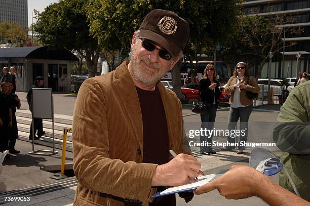 Director Steven Spielberg signs autographs at the World Premiere of "Distracted" starring Rita Wilson at the Mark Taper Forum on March 25, 2007 in...