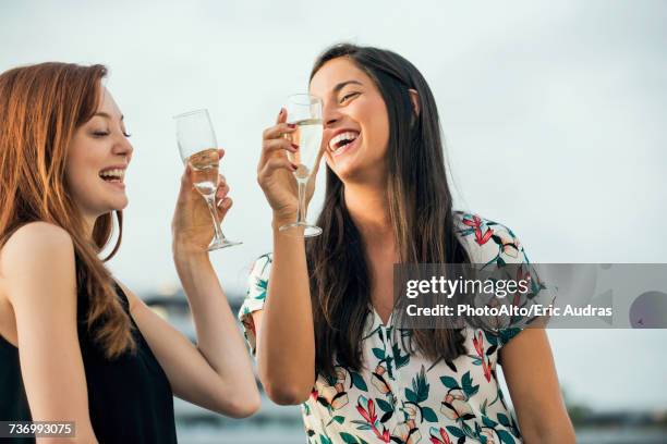 women drinking champagne outdoors - mid adult women stock pictures, royalty-free photos & images