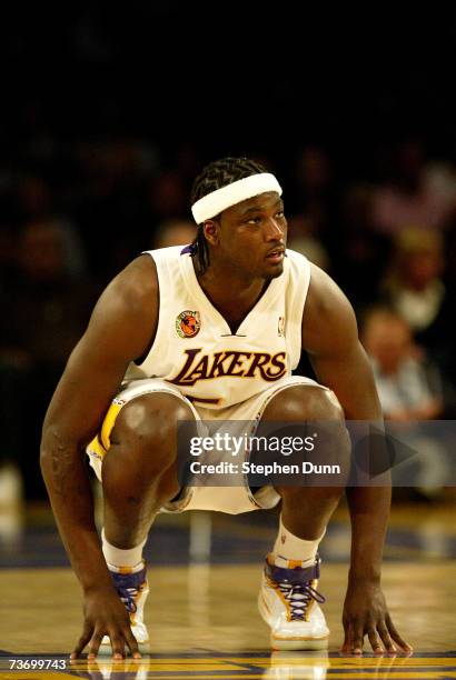 Kwame Brown of the Los Angeles Lakers gets ready for the opening tipoff of the game with the Golden State Warriors on March 25, 2007 at Staples...