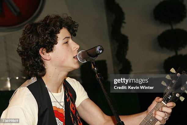 The Jonas Brothers with musician Nick Jonas perform at the after party for the premiere of Disney's "Meet The Robinsons" at the El Capitan Theater on...