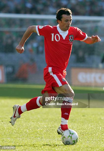 Simon Davies of Wales during the Euro2008 Group D Qualifier between the Republic of Ireland and Wales at the Croke Park Stadium on March 24, 2007 in...